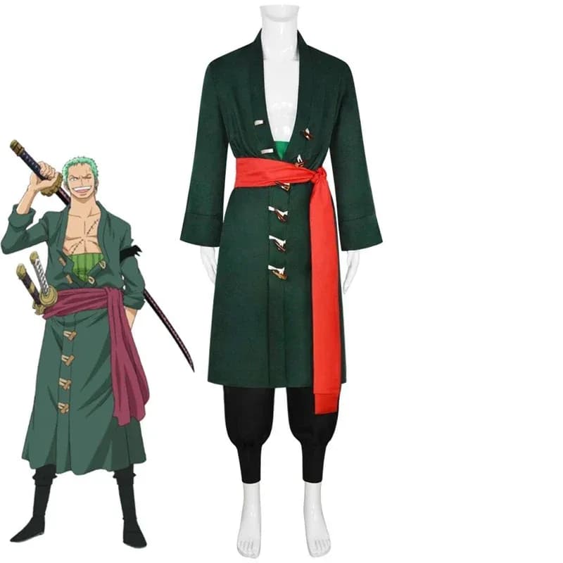 Costume cosplay uniforme cappotto verde cintura pantaloni testa sciarpa Roronoa Zoro parrucca Halloween uomo Clothesa;2,c'4,h.