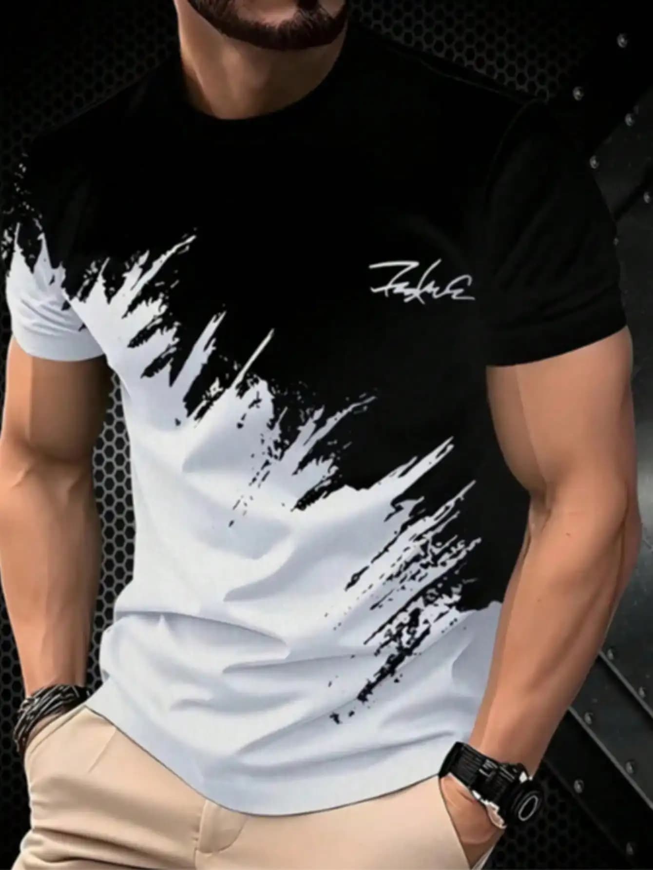 Men's T-shirt with abstract white and black brush graphics, casual summer dress in short sleeves