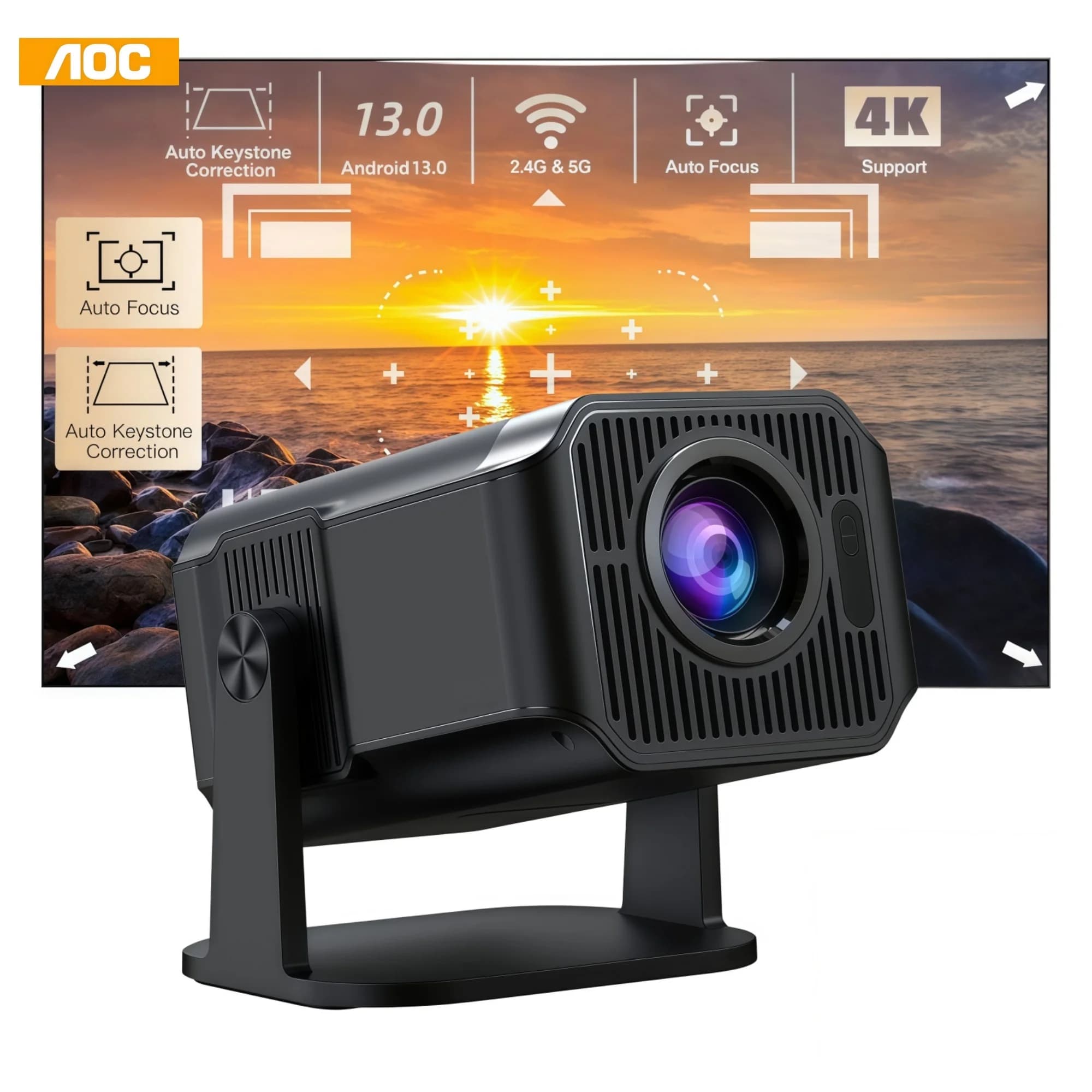 AOC HA108 Mini Projector WiFi 6 Android 11 Native 720P 290ANSI 4K Support 180° Rotatable Auto Focus Bluetooth 5.4 Home Theater
