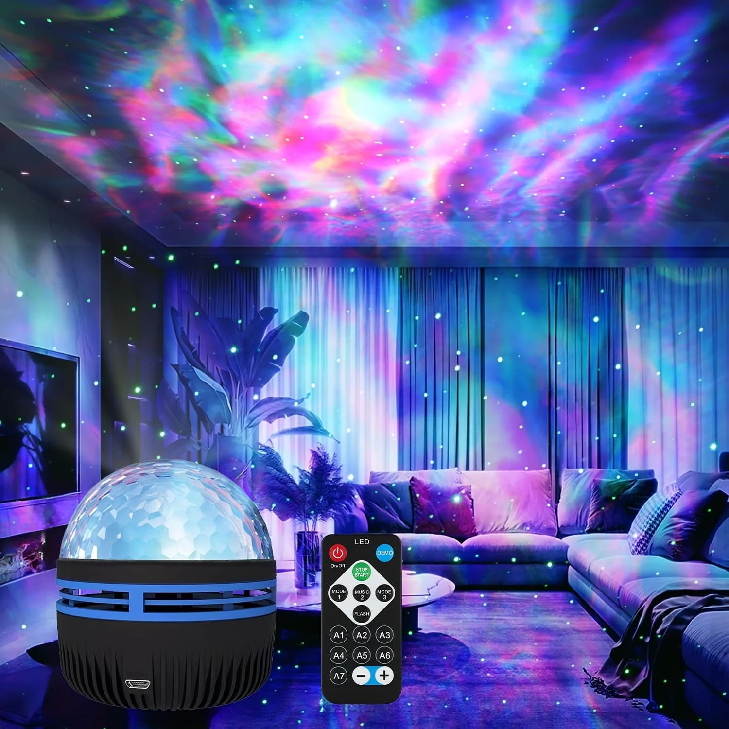 Star Sky Projector, 7 Color LED Night Light with Remote Control, Ambient Light Ocean Wave Effect, Automatic Rotation, Interior Decorative Lamp