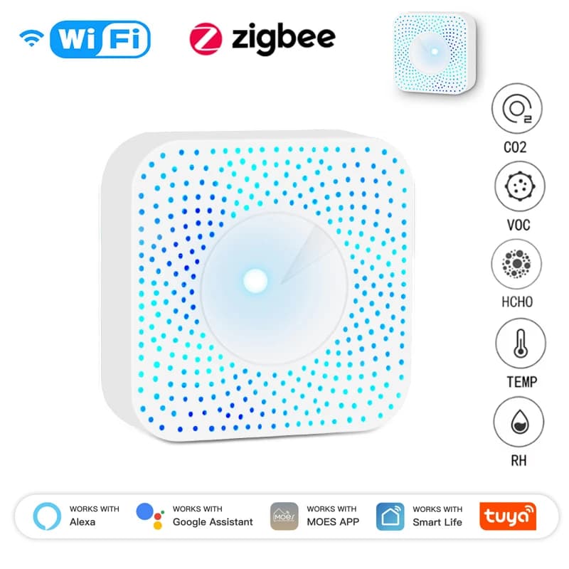 Rilevatore di Qualità dell'Aria Tuya ZigBee/WiFi, Sensore 6in1 per PM2.5, Formaldeide, VOC, CO2, Temperatura e Umidità, Compatibile con Alexa e Google