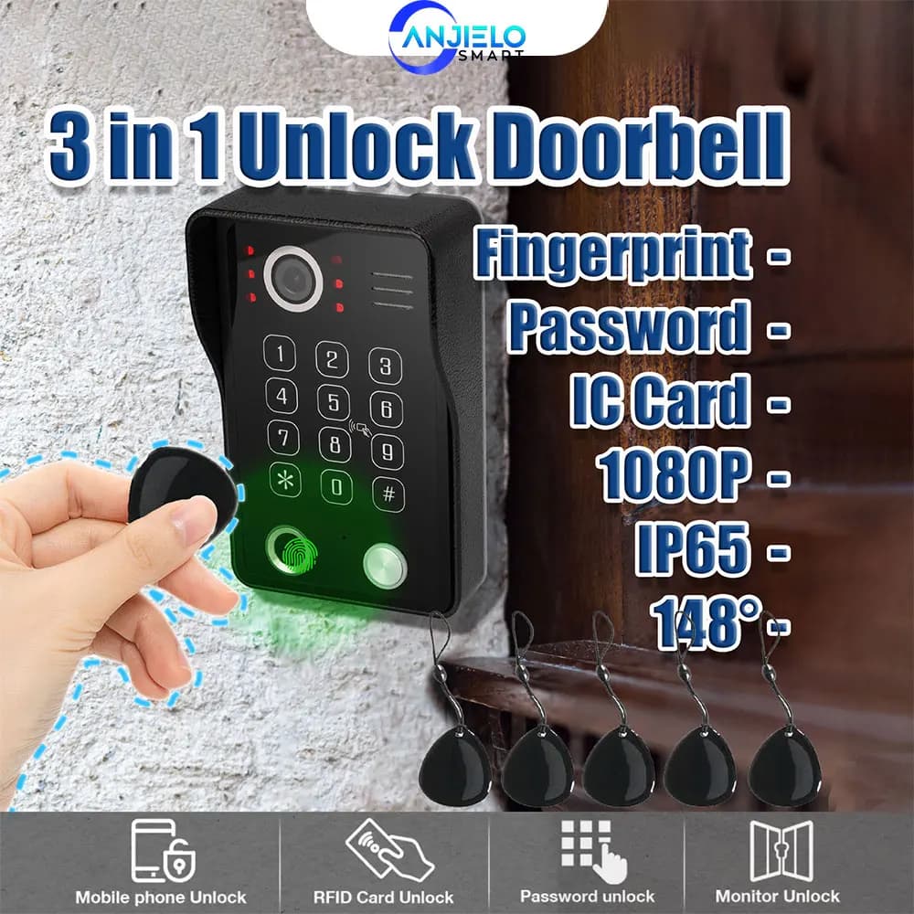 ANJIELO Videocitofono con Sblocco Tramite Impronta Digitale, Carta IC e Password 3in1 per Casa 1080P 148 ° Sistema a 4 Fili con Ampio Angolo di Visione