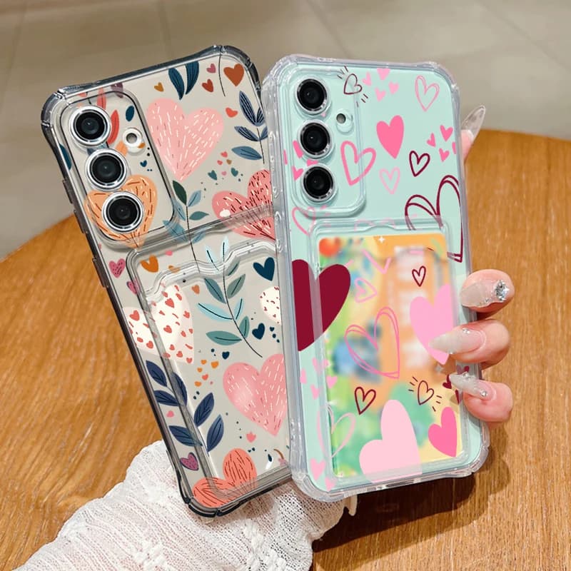 Custodia Trasparente con Motivo a Cuori e Foglie per Samsung Galaxy A57 A37 A17 A56 A16 A55 A36 A26 A15 A54 A53 con Porta Carte e Funzione Portafoglio