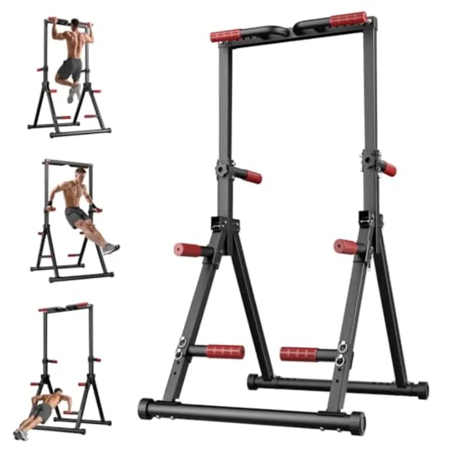 Home gym foldable pull-up bar, steel construction, black finish, supports 480 lbs with adjustable height and multi-function dip