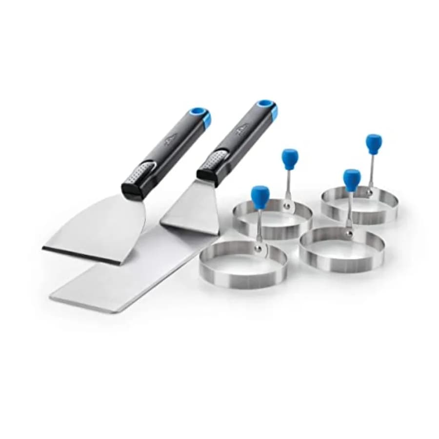 Breakfast set: 4 Rings for Eggs, Spatula with Tritatutto/Raschietto, Hands Resistent with Heat, Stainless Steel Black Non-stick