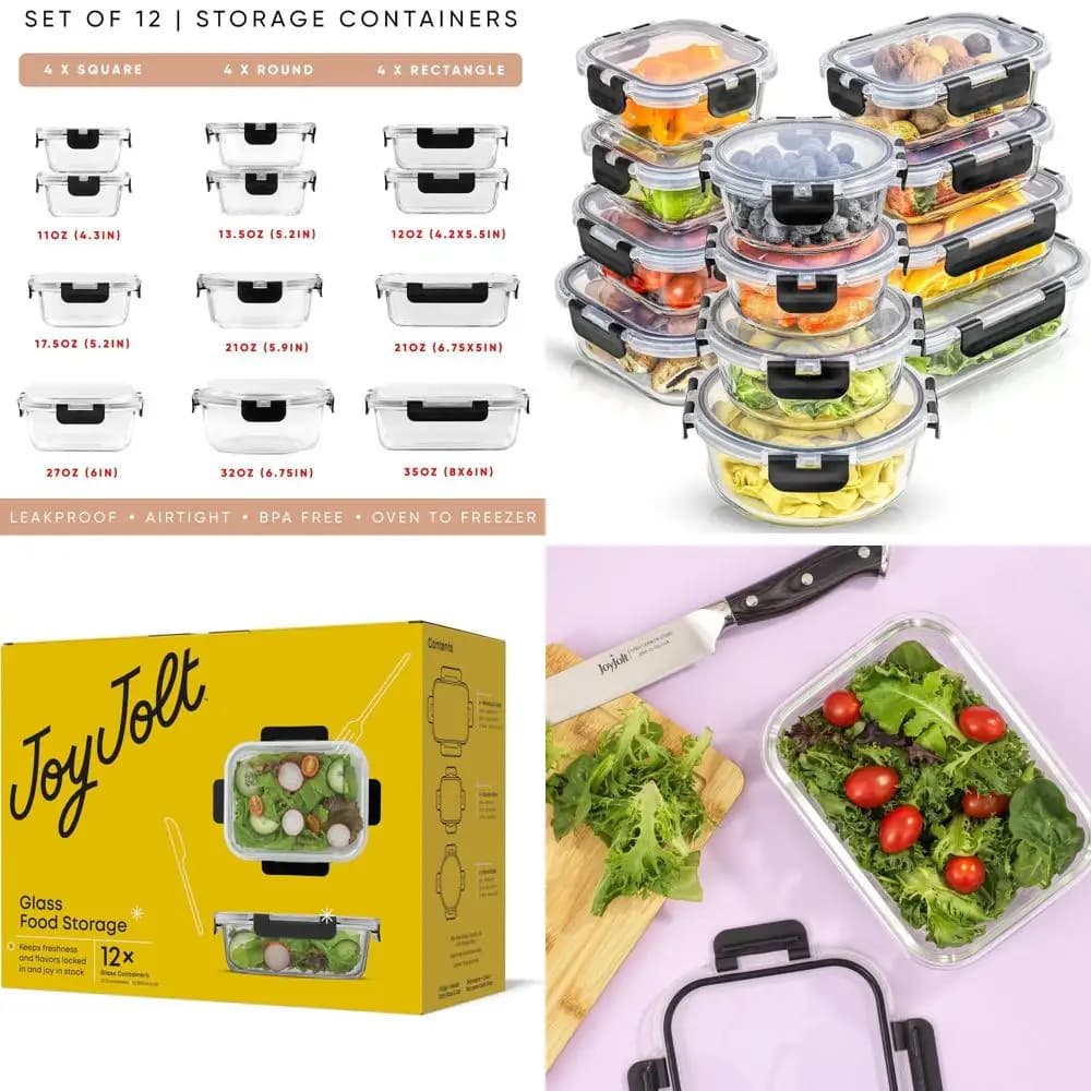 Set di 24 contenitori per la preparazione dei pasti in vetro con coperchi: ermetici e resistenti al congelatore per riporre la cucina e il pranzo