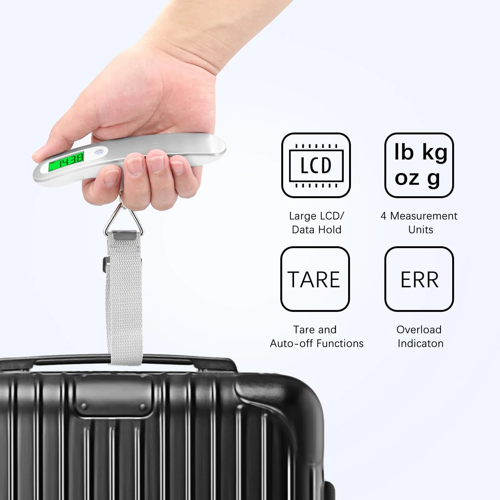 Bilancia Elettronica Portatile 50kg/110lb, Alta Precisione, Display LCD Digitale, per Valigie da Viaggio, Strumento di Pesatura a Sospensione