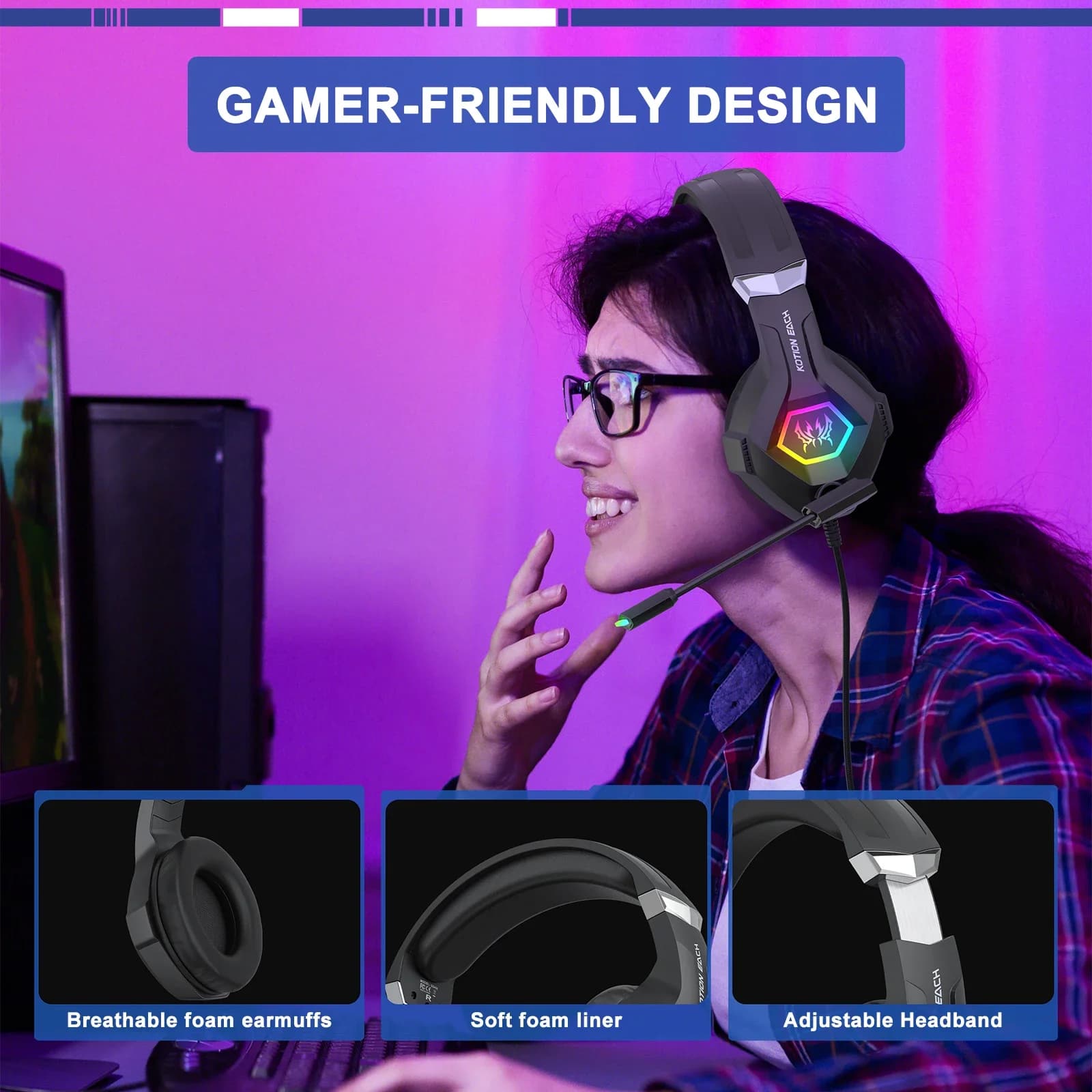 Cuffie da gioco cablate con audio surround 7.1 Cuffie da gioco con microfono con cancellazione del rumore Cuffie over-ear con luce RGB per PC