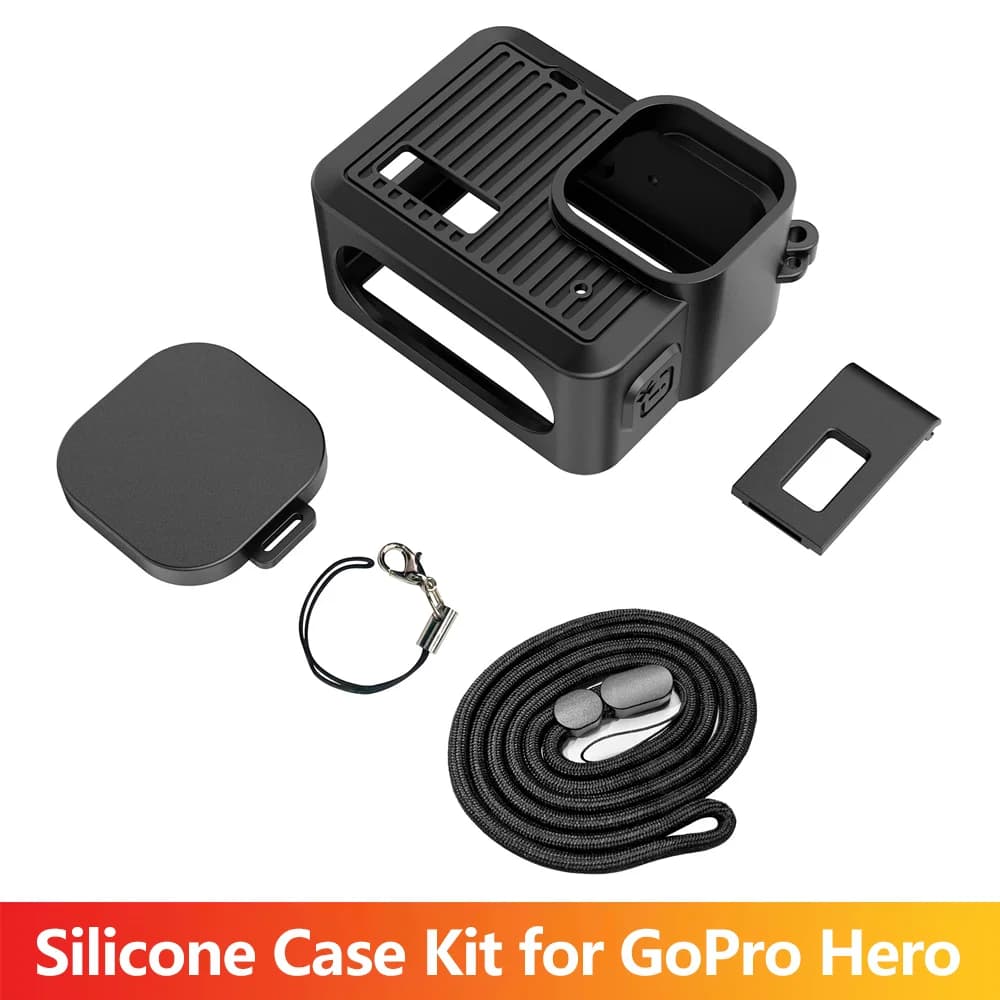 Kit di Protezione 4-in-1 in Silicone per GoPro Hero: Cover Morbida per Fotocamera, Copriobiettivo, Coperchio USB-C con Apertura Laterale, Cordino da Polso