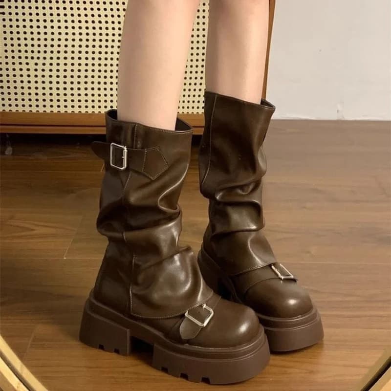 2025 New Women's Winter Boots Retro Color Mallard Platform Robust Height Increase Versatile Mid-Flush Boots with Metal Buckle