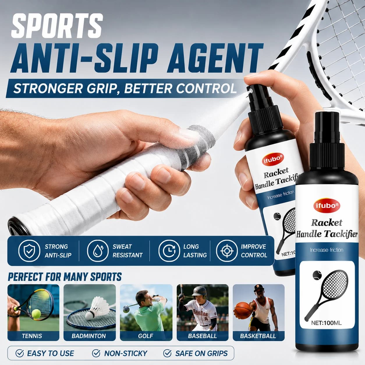 Non-slip spray for sports racket: strong grip, sweat resistant formula for tennis/ping pong and outdoor sports