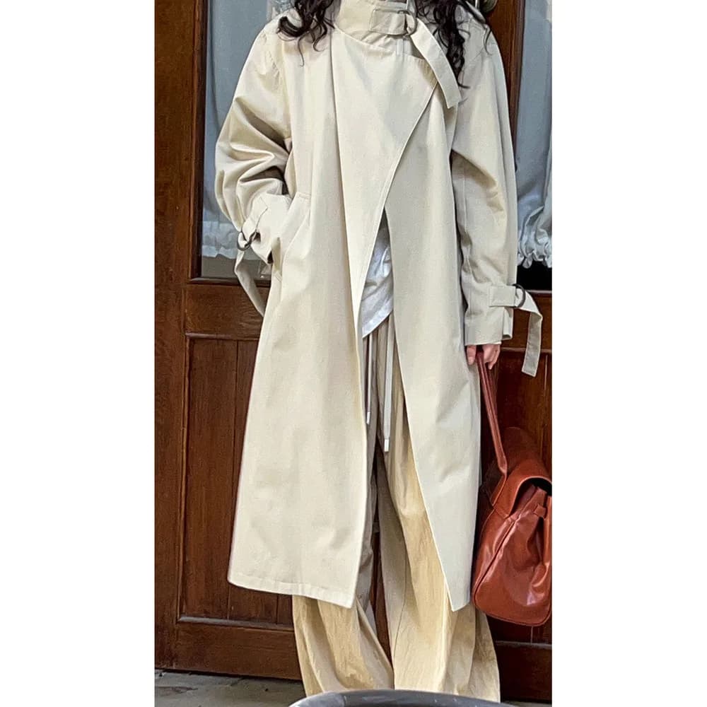 Trench lungo aperto sul davanti Collo con cintura Cappotto sopra il ginocchio autunnale di media lunghezza da donna