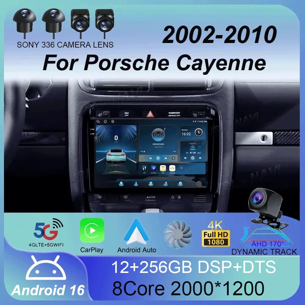 Autoradio Android 16 con Lettore Multimediale Video e WIFI per Porsche Cayenne 957/955 2002-2010, GPS, Carplay, BT