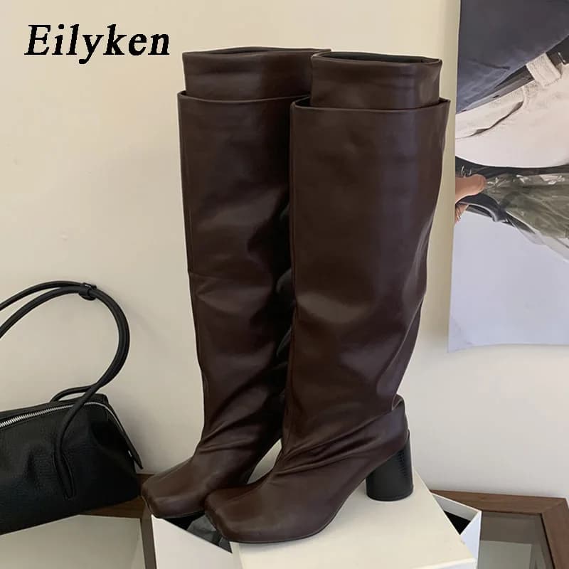 Eilyken Punk Style Design Pleated Splicing Women Knee-High Long Boots Autumn Winter Square Toe Round High Heels Shoes