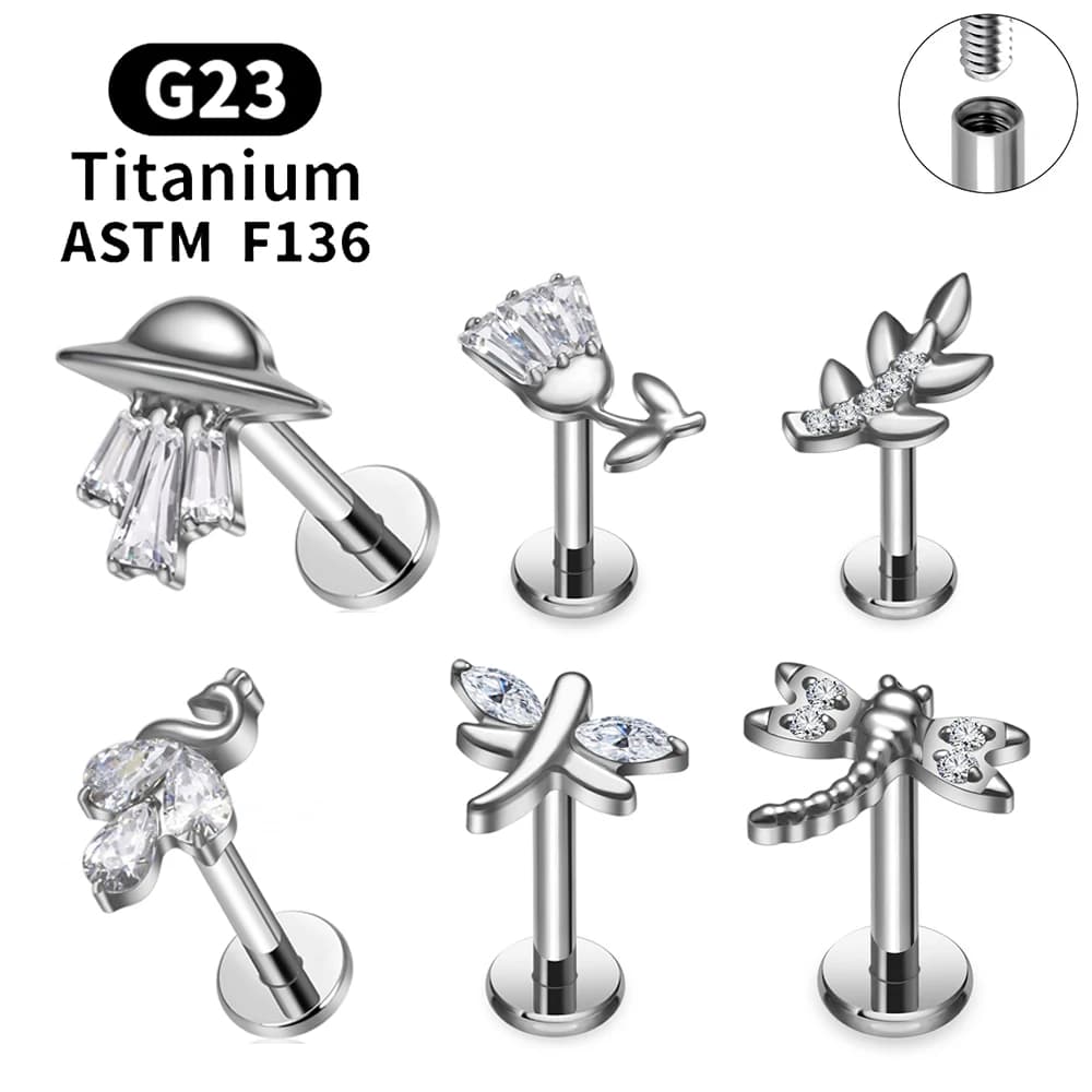 ASTM F136 Titanio Foglia Fiori Ear Stud 16G CZ Filettatura interna Orecchino Cartilagine Trago Lobo Conch Helix Piercing Gioielli