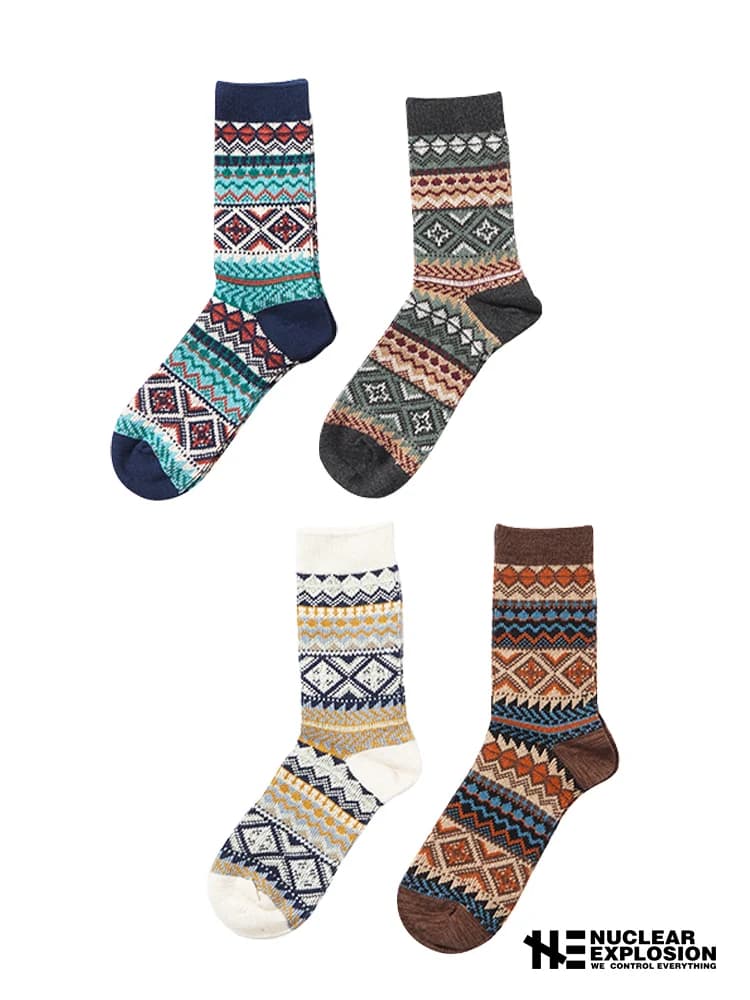 Retro Knitted Cotton Socks Double Needle Wool Yarn Woven Mid-Calf Warm Bicolor Patterned Unisex Winter Essential