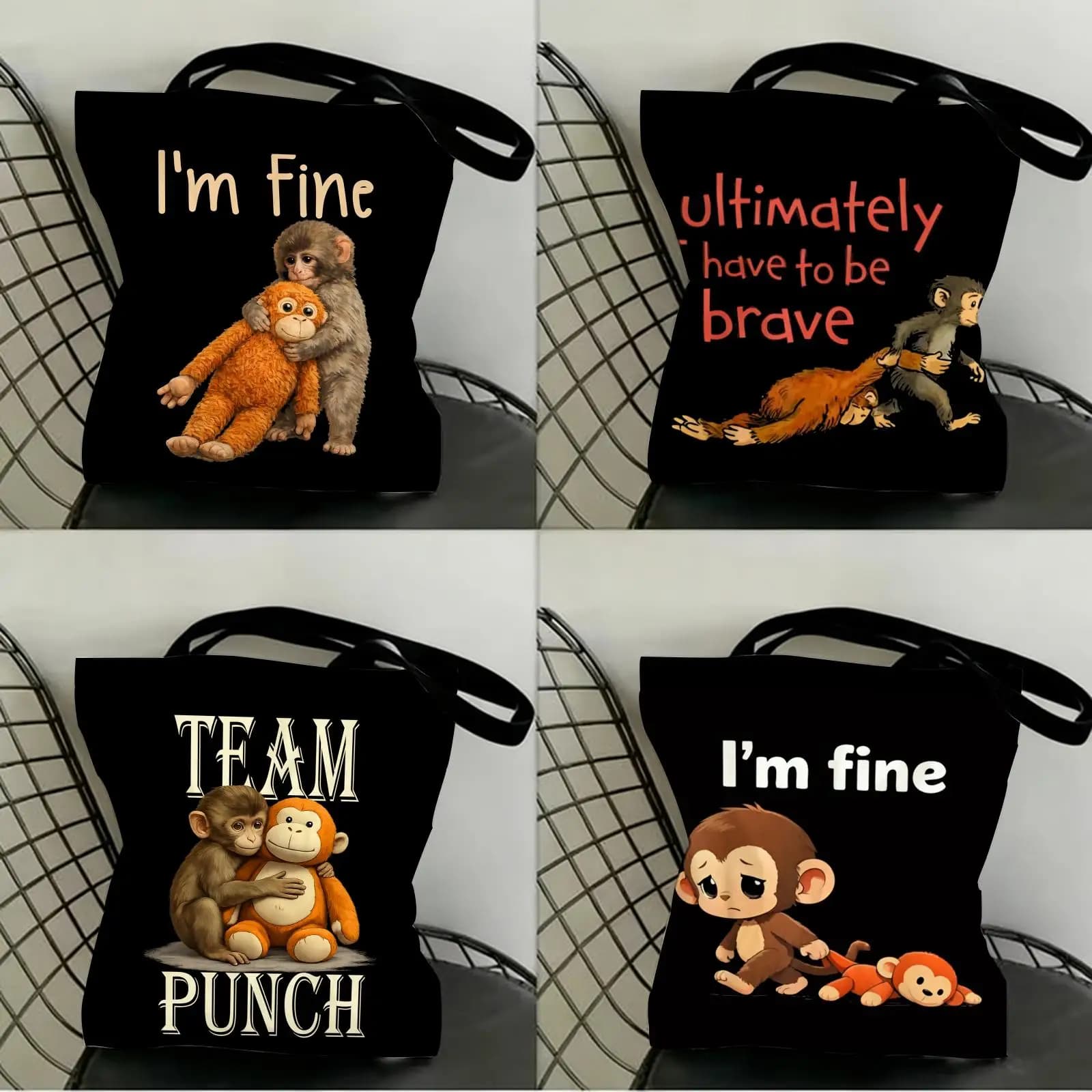 Cute Punch Monkey Storage Bags Canvas Tote Bag Double-Sided Print Lightweight Shoulder Travel Beach Bag for Daily Use