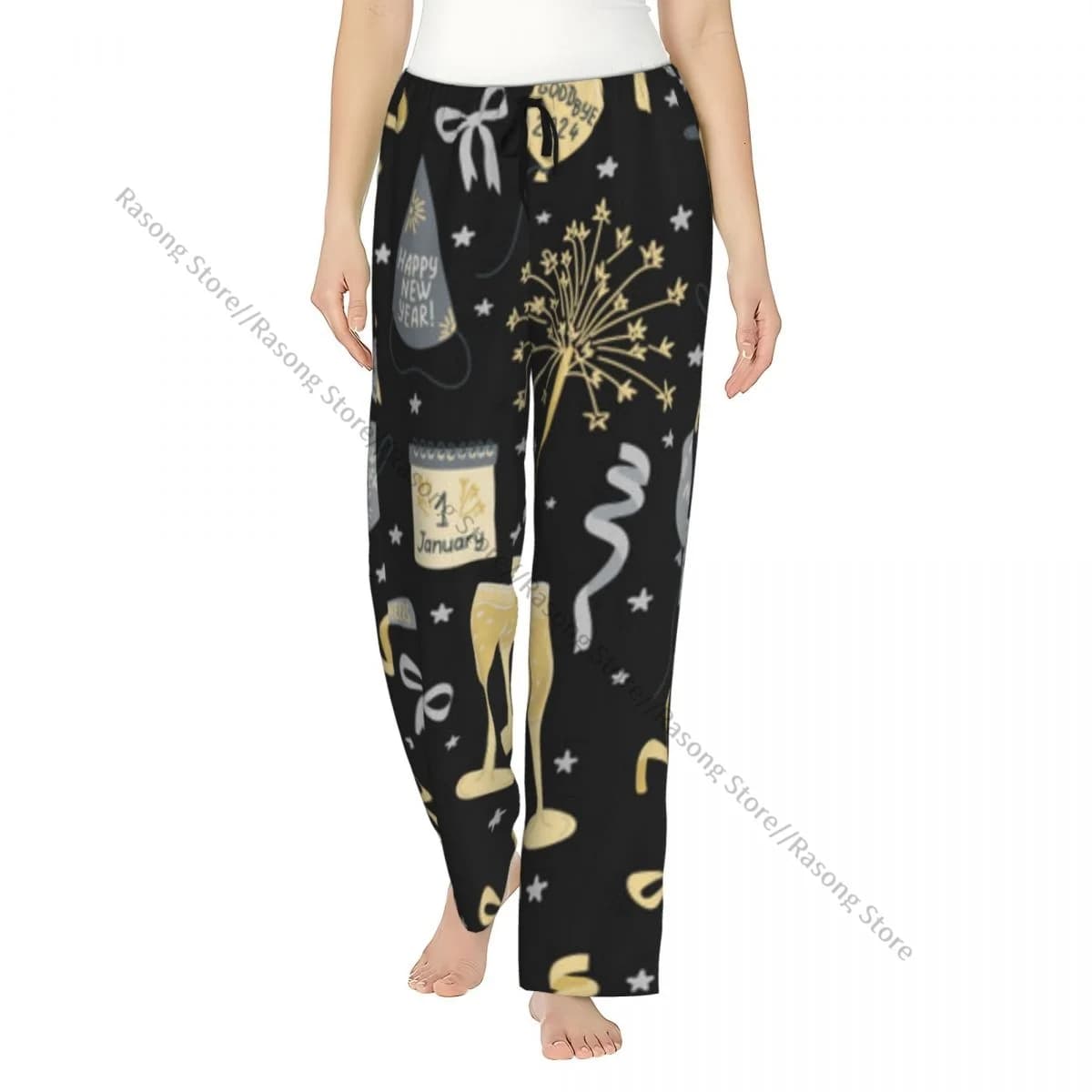 Pantaloni da pigiama da donna caldi Bicchieri da champagne Palloncini scintillanti Pantaloni da notte Abbigliamento da casa morbido