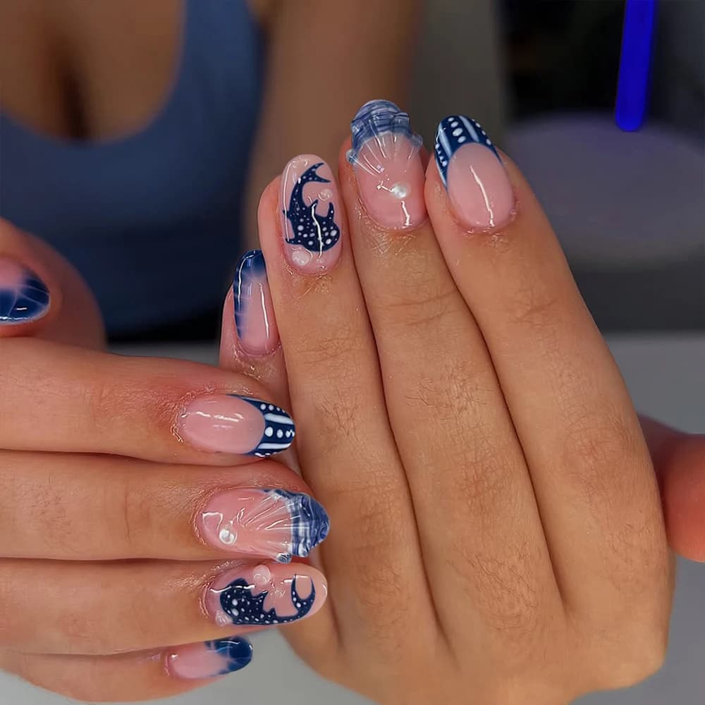 24pcs Almond 3d gel nails Whale pattern Decorate with Pearl blue French Tip Press On Nails ，Ocean style, summer nails, travel