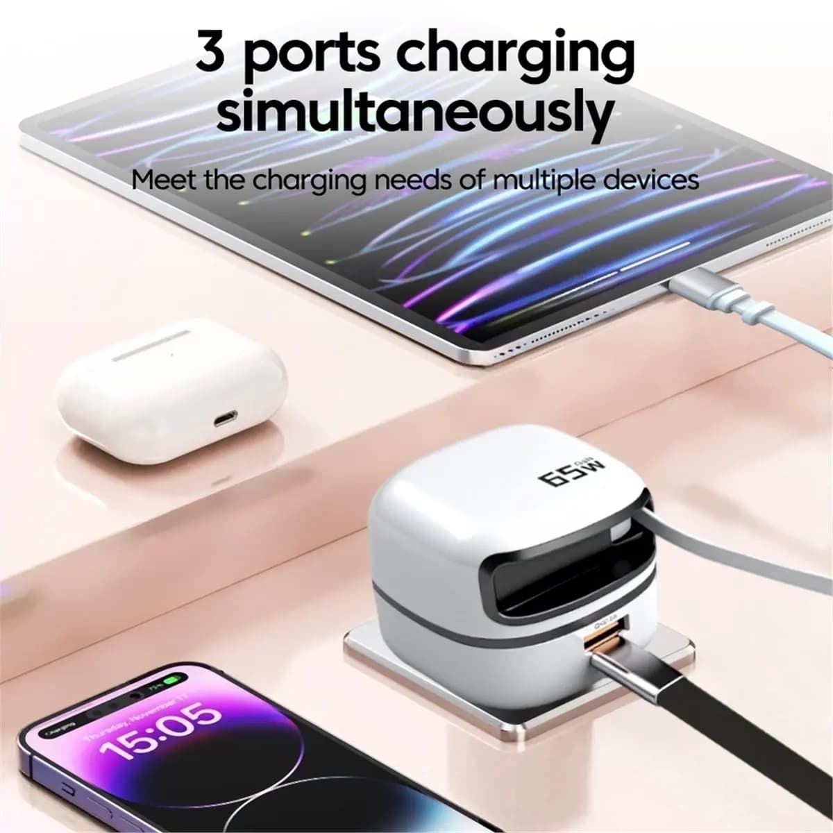 update. 65W Universal Travel Charger with Retractable USB-C Cable for Fast Charging, for IPhone 16 and Samsung Laptops EU Plug