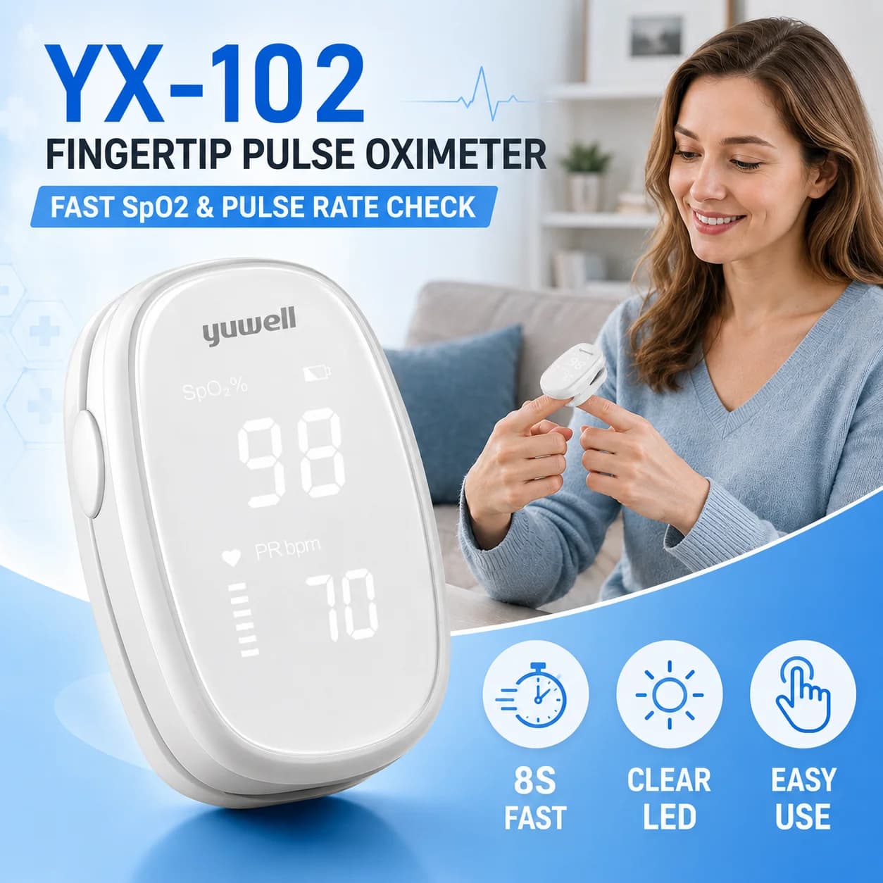 Fingertip Pulse Oximeter Yuwell YX102 SpO2 Blood Oxygen Monitor Pulse Rate Meter Clear LED Display Portable Home Travel Use