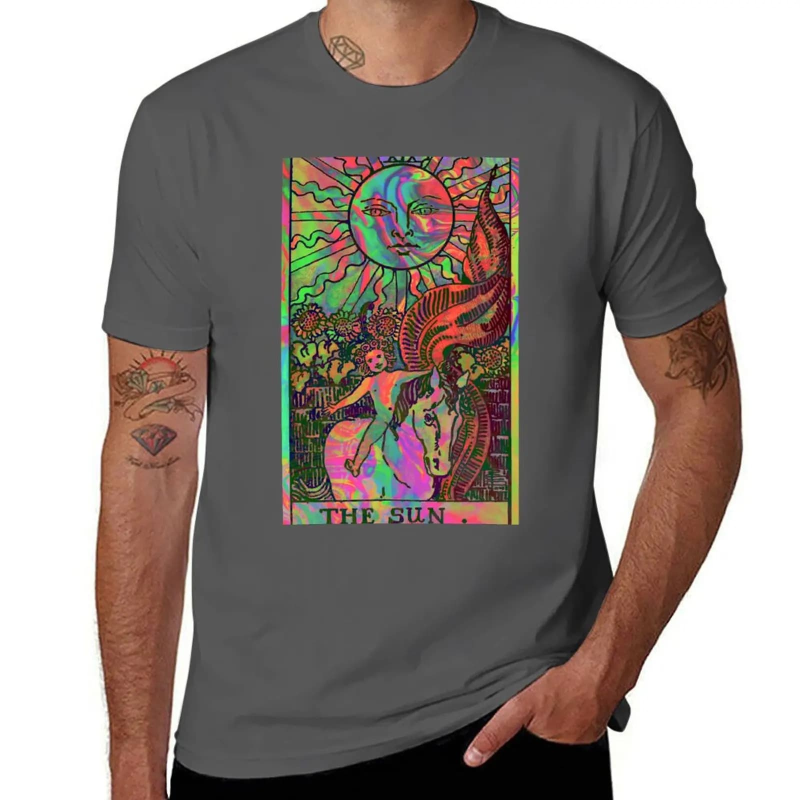 XIX. T-shirt con stampa psichedelica The Sun Tarot Card, t-shirt con stampa in stile urbano