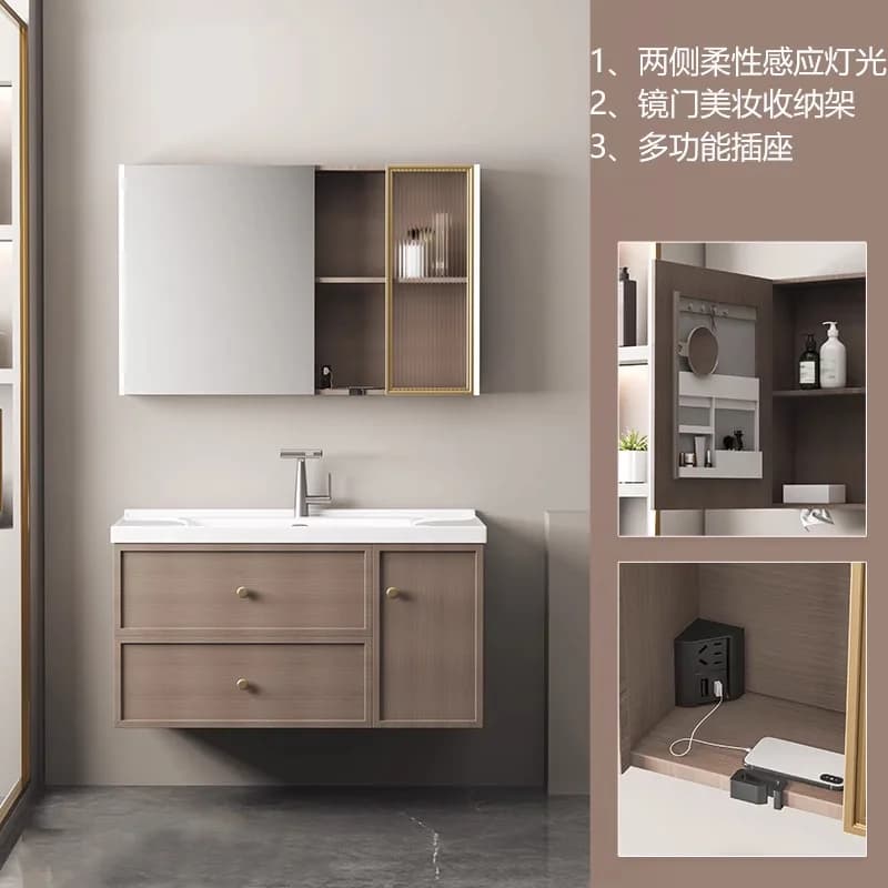 Nuovo mobile bagno cinese con lavabo integrato in ceramica, lavabo in noce e specchio Feng Shui