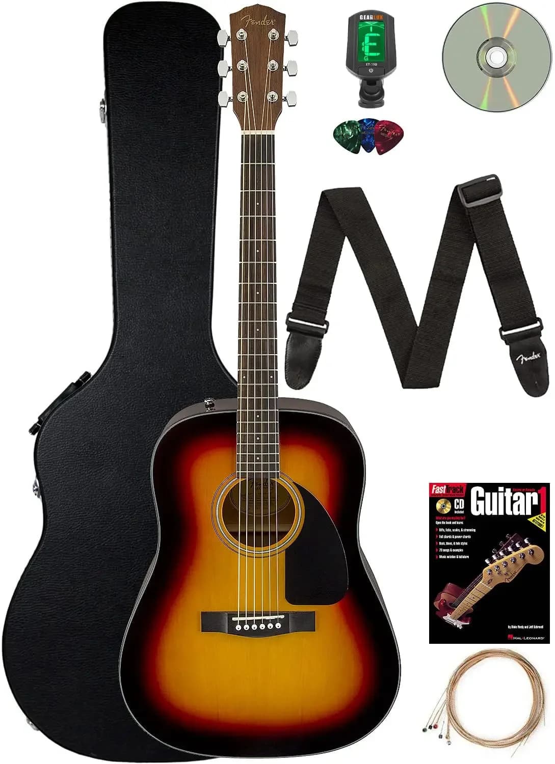 CD-60 Chitarra Acustica Dreadnought - Bundle Sunburst con Custodia Rigida, Tracolla, Accordatore, Corde, Plettri, Manuali, Personalizzata