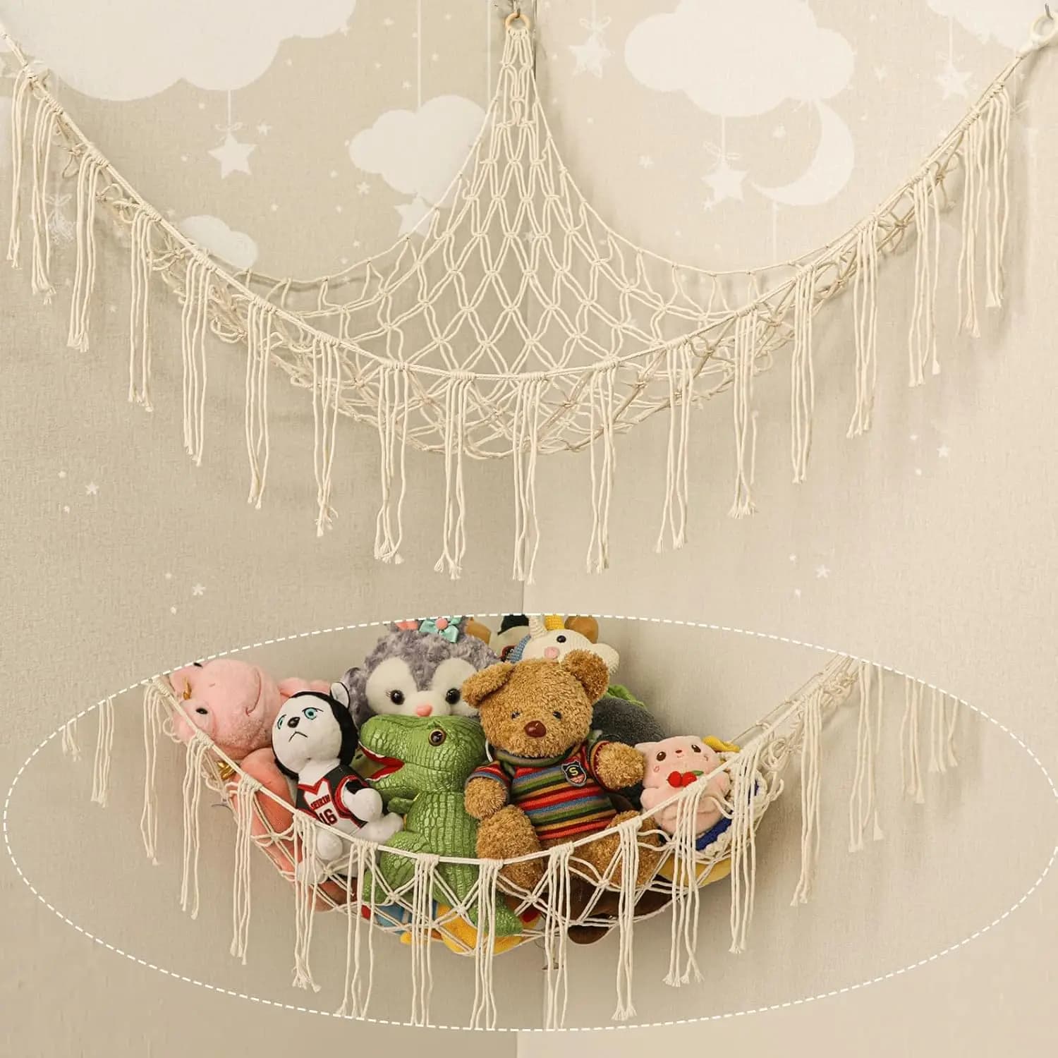 Amaca per peluche fatta a mano con anelli in legno, grande rete portaoggetti per giocattoli in peluche per la cameretta dei bambini