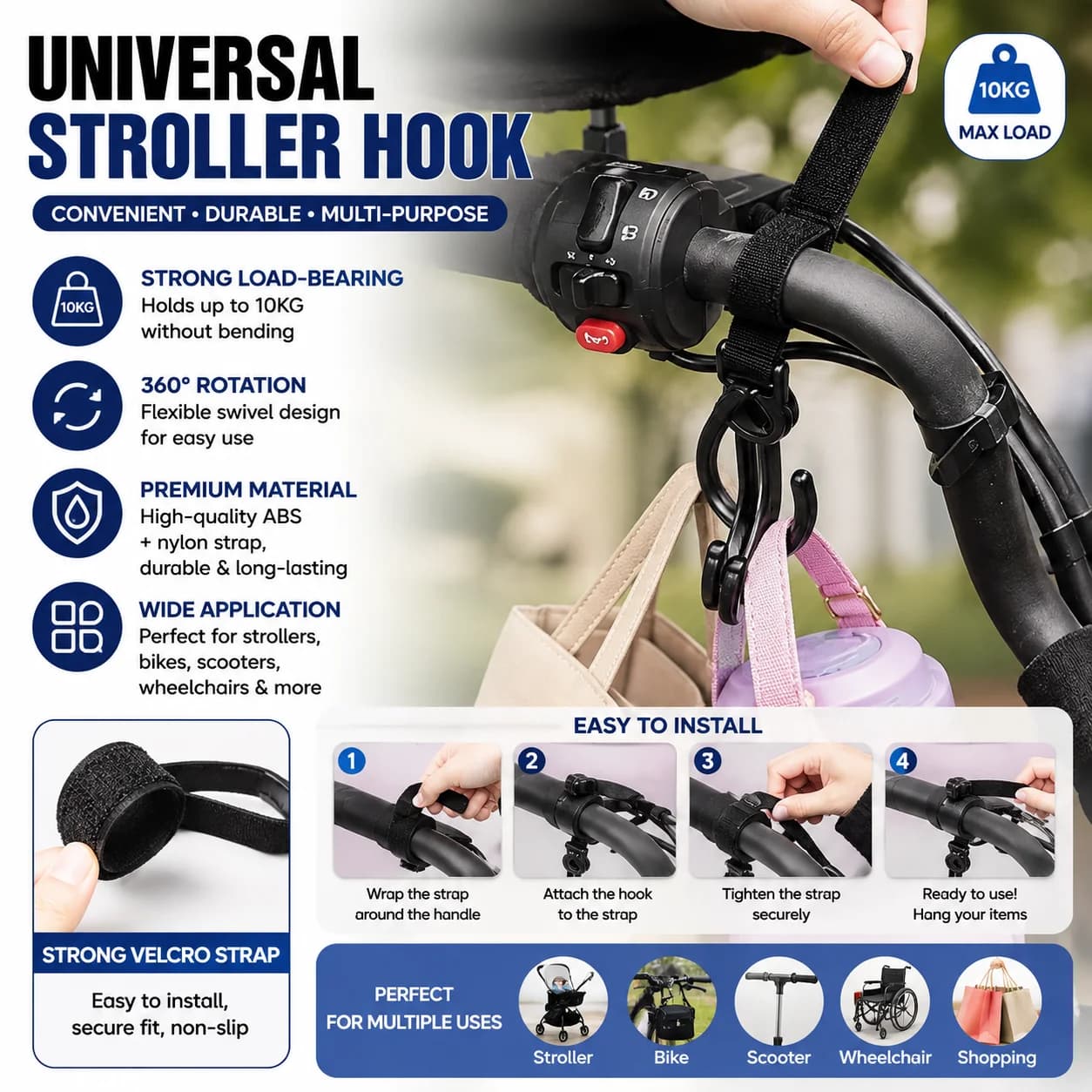 2PCS Universal Stroller Hook 360° Rotating Heavy Duty Hanging Hook for Pram Bike Shopping Cart