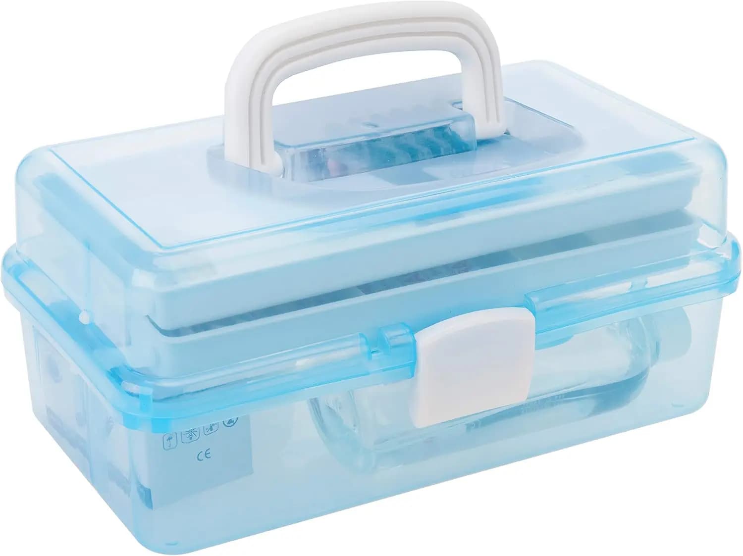 Scatola portaoggetti in plastica blu trasparente da 13 pollici con manico, coperchio a scatto e 2 vassoi espandibili per attrezzi, pronto soccorso, kit da cucito