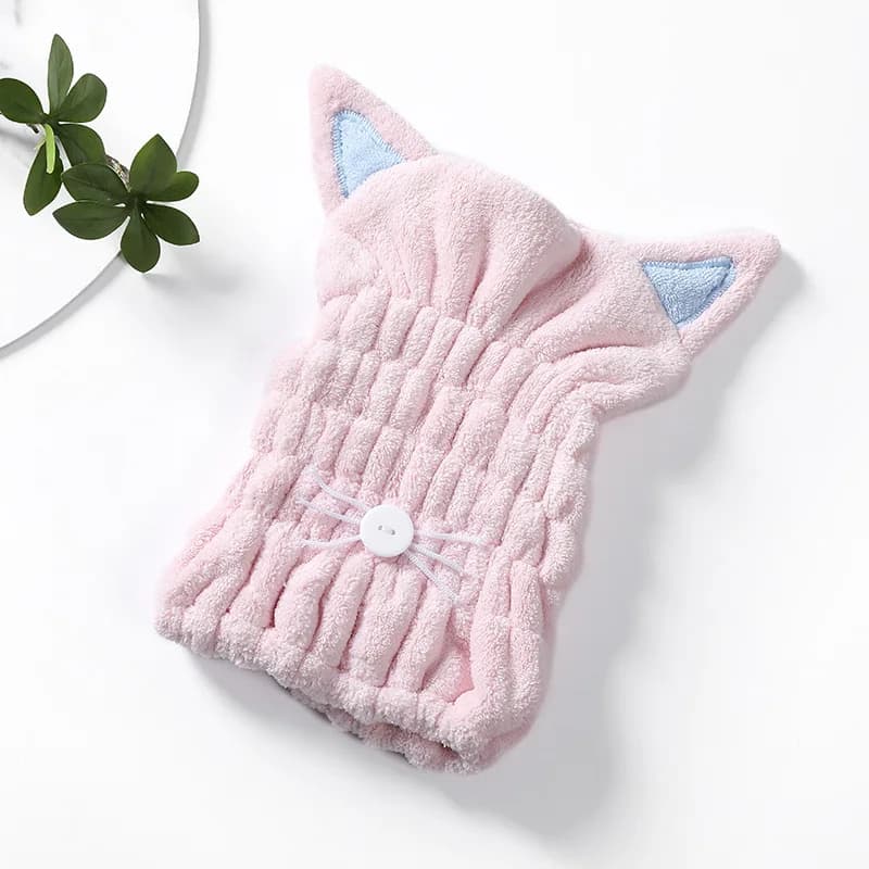 Towel for drying hair with cute cat Bathroom head Strong absorption towel Long and soft special hair towel with soft coral towel