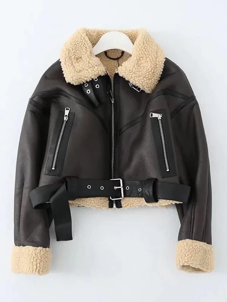 Ailegogo Inverno Donna Streetwear Giacca corta in pelliccia di agnello sintetica con cintura Moto Biker Cappotto di pelle di pecora caldo spesso Capispalla