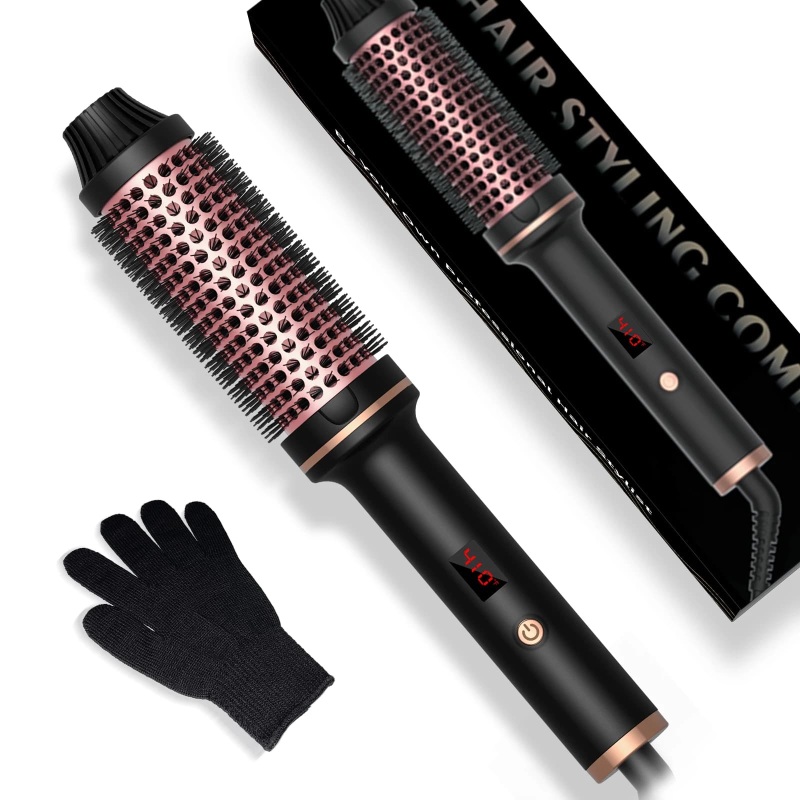 Thermal Brush Ionian Round, Iron Hairstyles with 10 Temperature Settings, Quick Heating in 30 Seconds for All Hair Types, Black