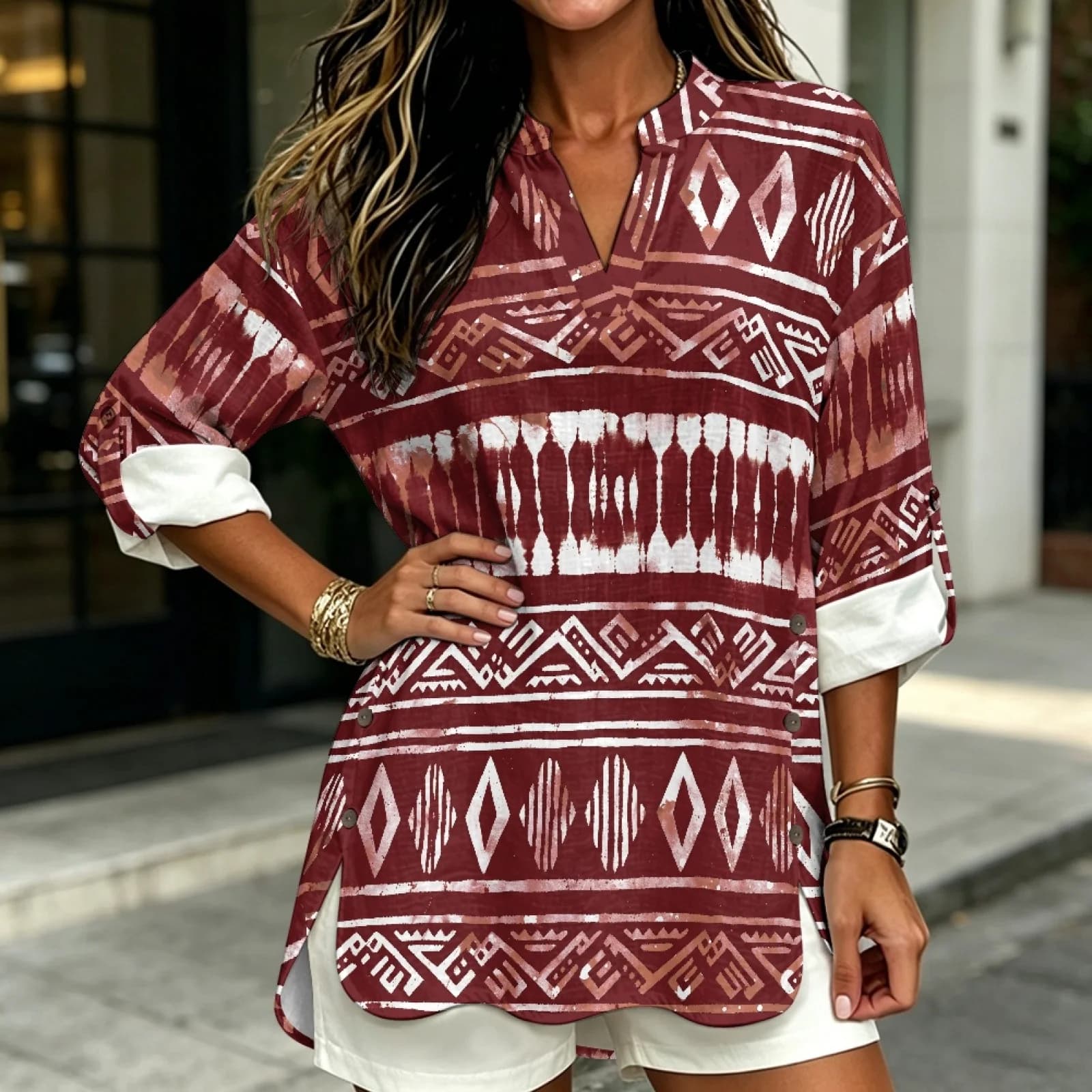 PENSTROLL Red Linen Like Workout Tops Curved Hem Long Sleeve Blouse for Women Sizes S-5XL
