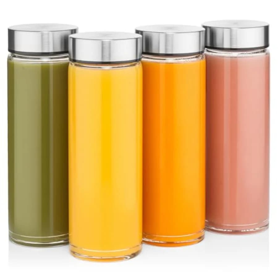 Bottiglie per Succhi - Set da 4 Bottiglie in Vetro a Bocca Larga con Coperchi - per Succhi, Frullati, Acqua Aromatizzata e Conservazione Bevande - Senza BPA