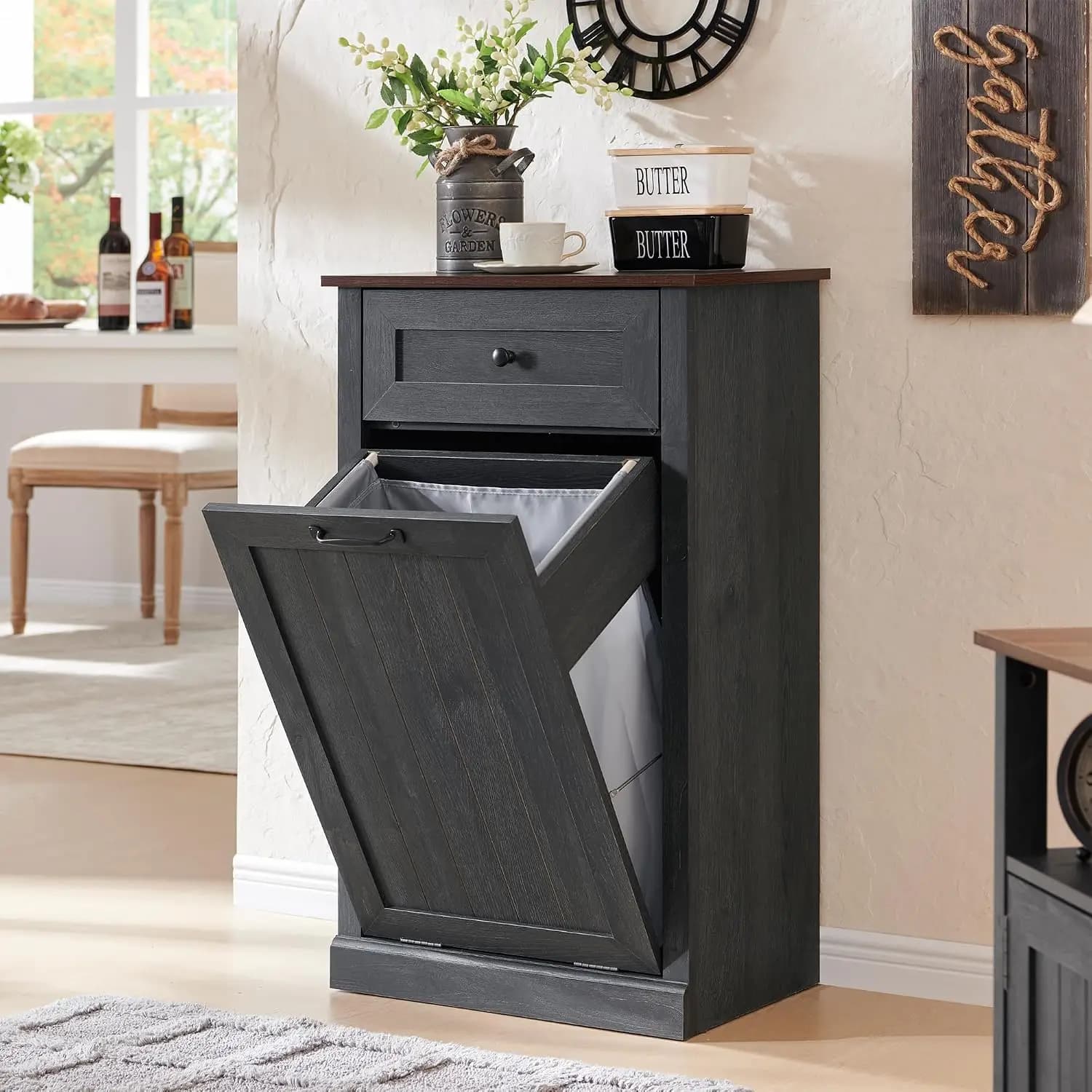 Tilt Out Trash Can Cabinet, Trash Cabinet w/Drawer, Dark Grey, Customized