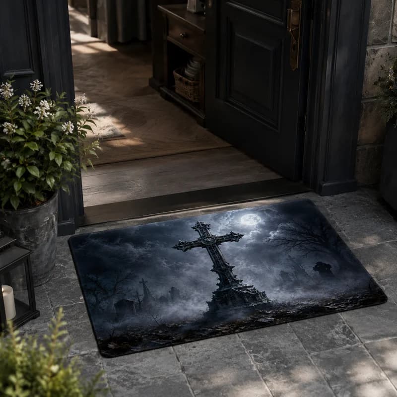VIKAMA Dark Gothic Moon Cemetery Cross Doormat Non Slip Washable Entry Mat Indoor Outdoor Spooky Aesthetic Home Floor Rug