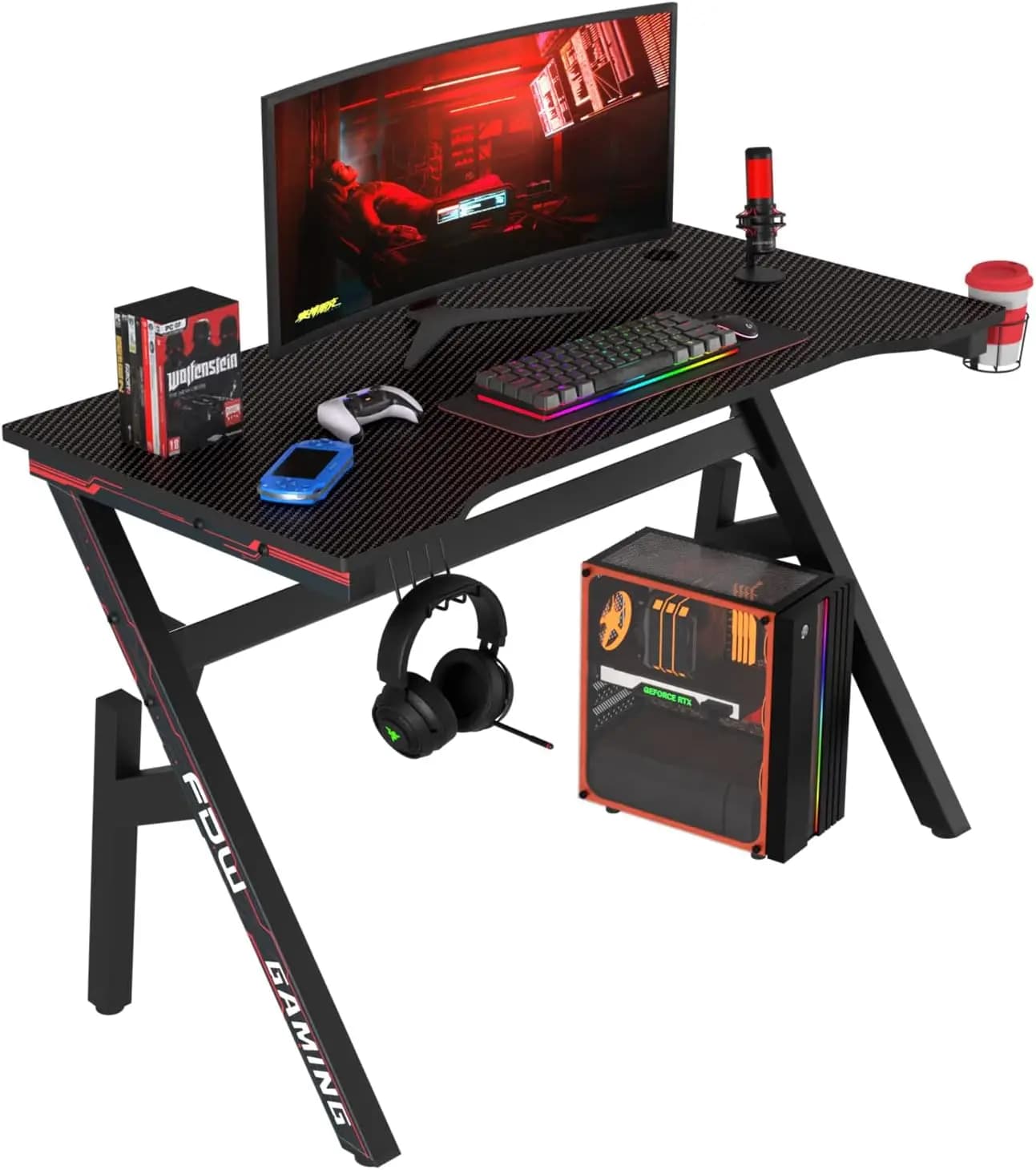 Scrivania da Gaming 47 Pollici con Texture in Fibra di Carbonio, Telaio in Acciaio Robusto, Portabicchieri e Gancio per Cuffie per Giocatori e Ufficio Domestico
