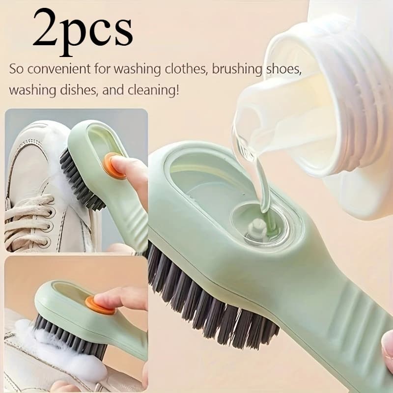 2Pcs Press-Type Liquid Shoe Cleaning Brush - Household Soft Bristle Washing Brush with Built-in Soap Dispenser, Gentle Cleaner