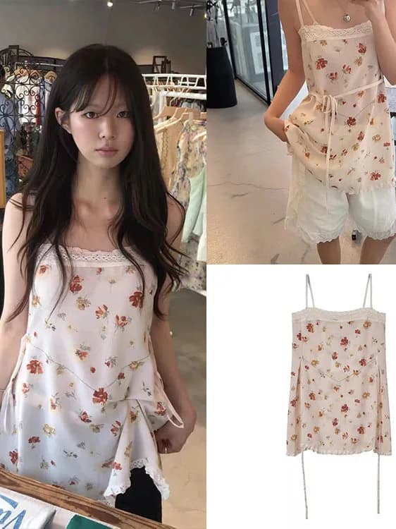 Floral Lace Trim Drawstring Waist Short Skirt Women's Dress Summer City Walk Casual Loose Fit One Shoulder Strap Dress