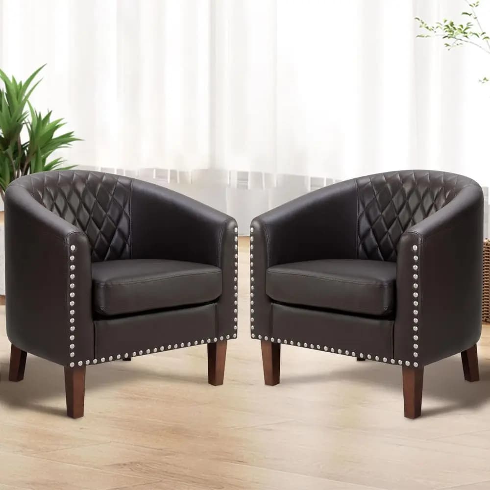 Set di 2 poltrone Barrel, comode poltrone d'accento, poltrone da soggiorno in ecopelle con cuscino, finiture con borchie e motivo a rombi