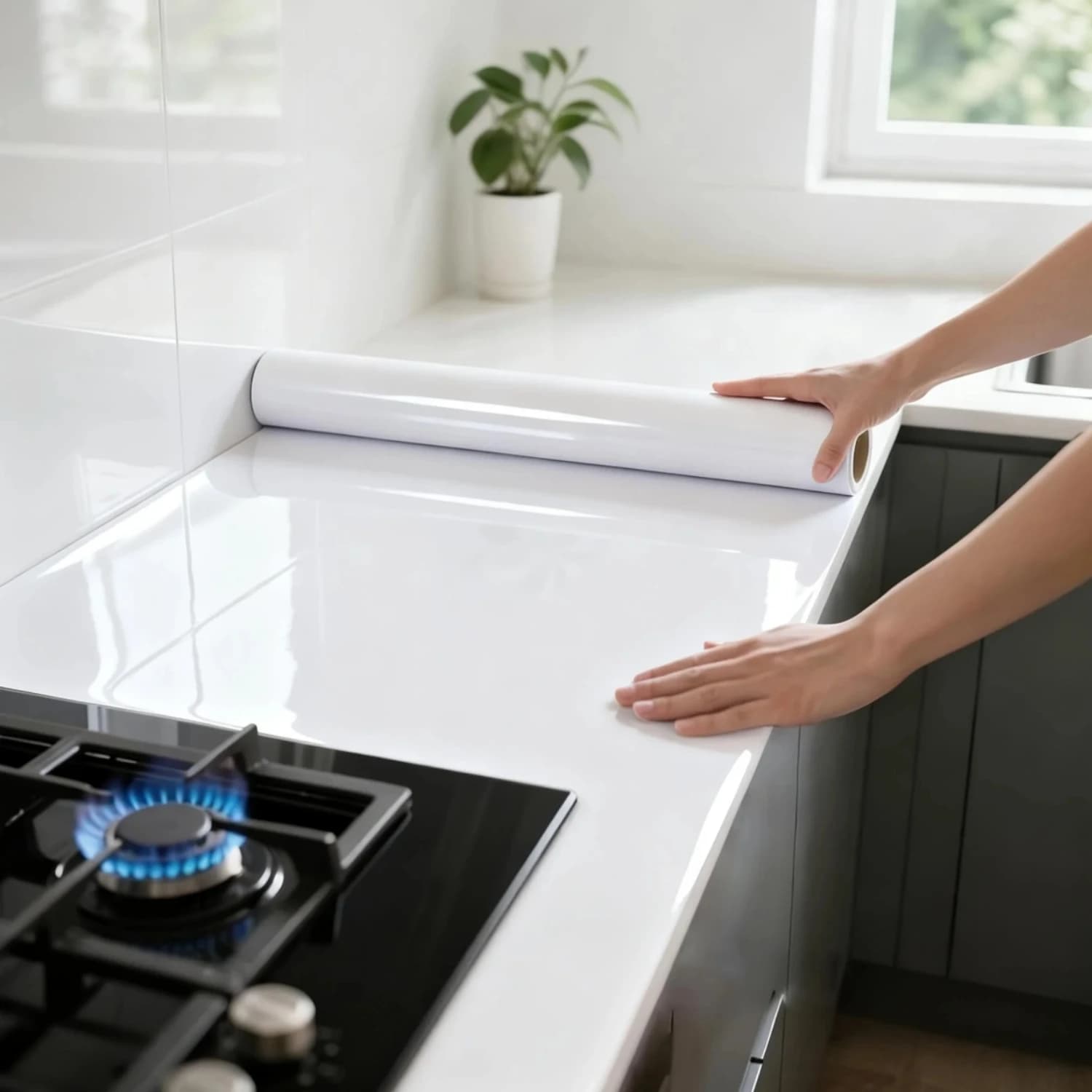 Pellicola vinilica effetto perla da 55 cm, carta da parati impermeabile fai da te, autoadesiva, bianca, adesivi murali per cucina, adesivi lucidi per mobili e arredamento.