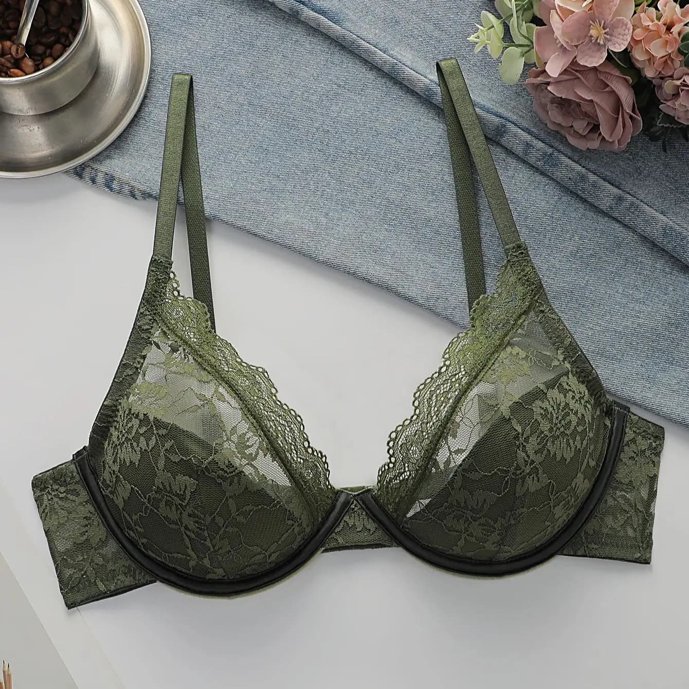Reggiseno da donna sexy in pizzo floreale con ferretto, scollo a V profondo, senza imbottitura, lingerie comoda con spalline regolabili, elegante, verde, per tutti i giorni
