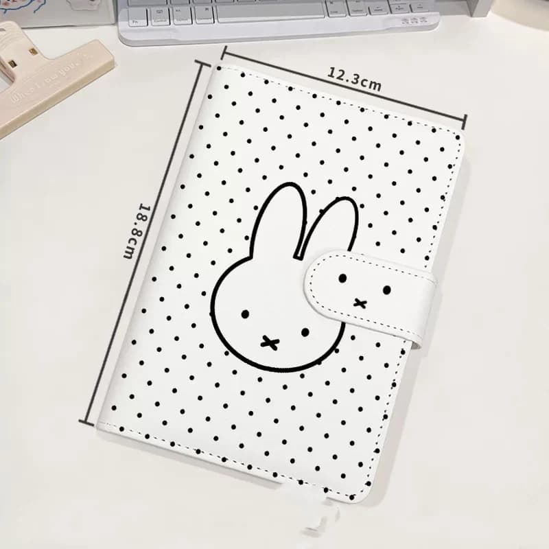 Miffy Kawaii White Polka Dot A6 Pu Loose Leaf Notebook Magnetic Snap Portable Detachable Refillable Hand Account Diary Planner