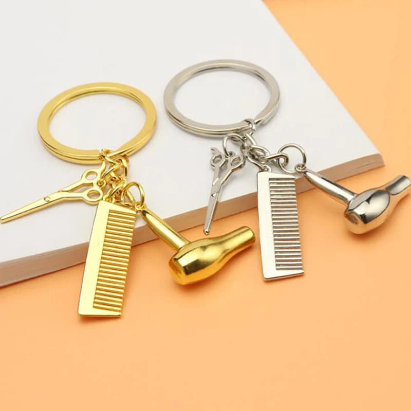 Barber Shop Tools Key Ring Hair Dryer Scissors Comb Pendants Simulation Keychain