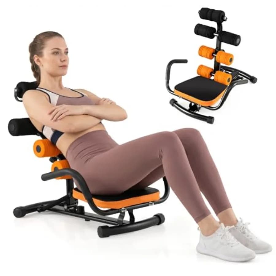 Home gym abdominal machine with adjustable bench for sit-up, foam padded handles, black EVA foam/grey, 360° muscle training for the whole body