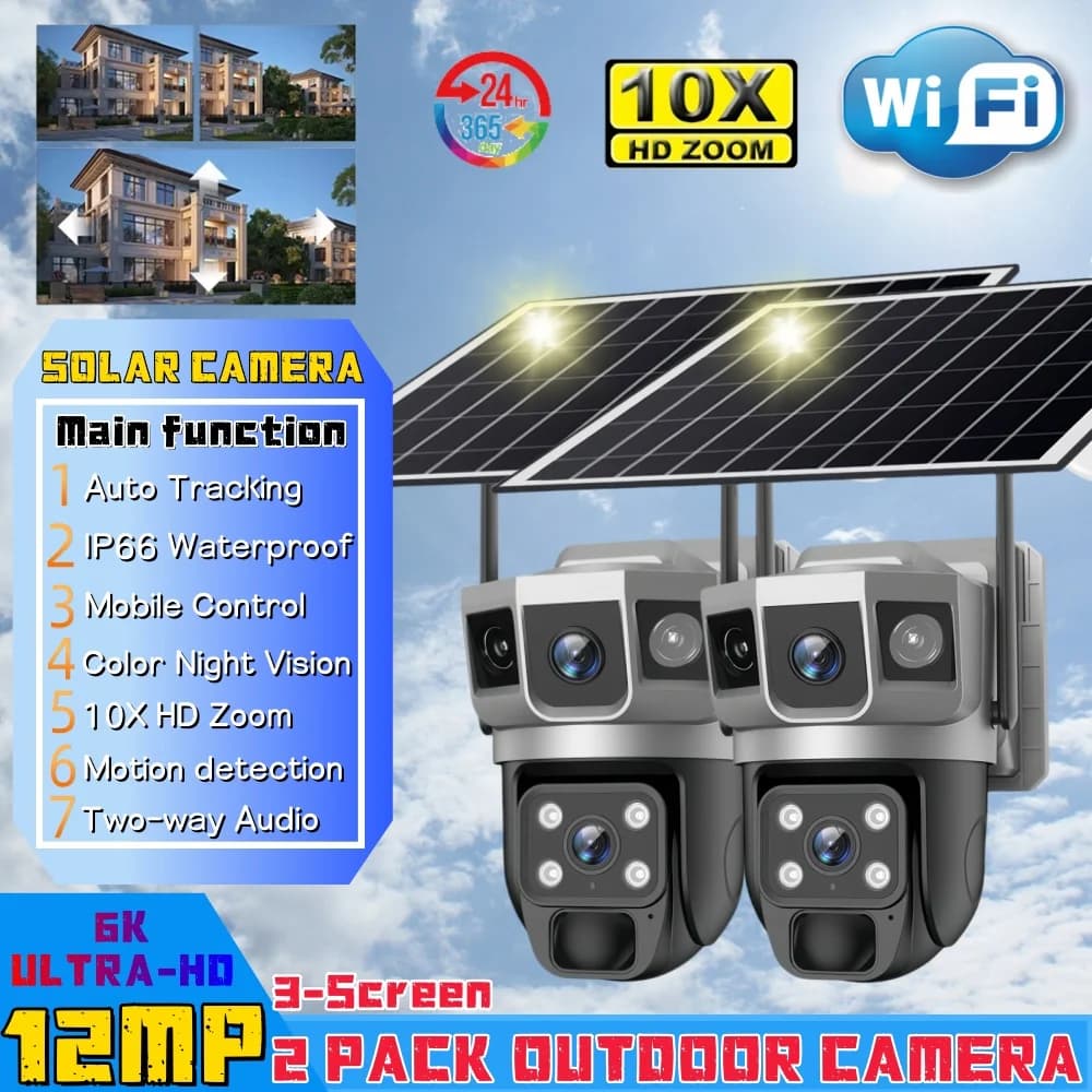Telecamera IP solare a doppio obiettivo da 12MP Tre schermi Wifi 6K Sicurezza Webcam esterna PIR Visione notturna Sorveglianza domestica impermeabile