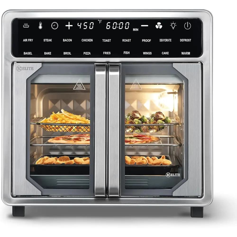 Forno friggitrice ad aria Kitchen Elite da 16 quarti con porta alla francese – Fornello a convezione da appoggio per famiglie con display LED, in acciaio inossidabile