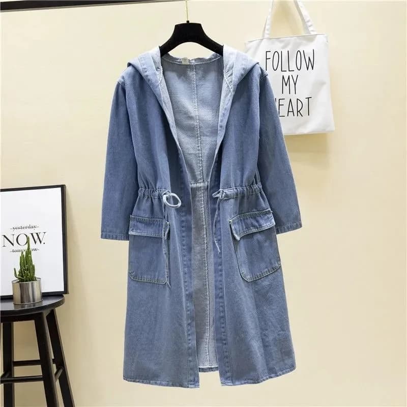 2025 nuove donne giacca a vento allentata primavera autunno taglie forti giacca casual cappotto tasche grandi giacca di jeans con cappuccio trench da donna